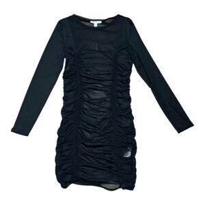 AND NOW THIS Black Sheer Mesh Ruched Mini Dress Long Sleeve Size Large